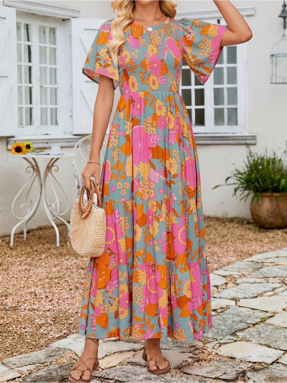 Smocked Floral Maxi Dress in Pink & Mustard